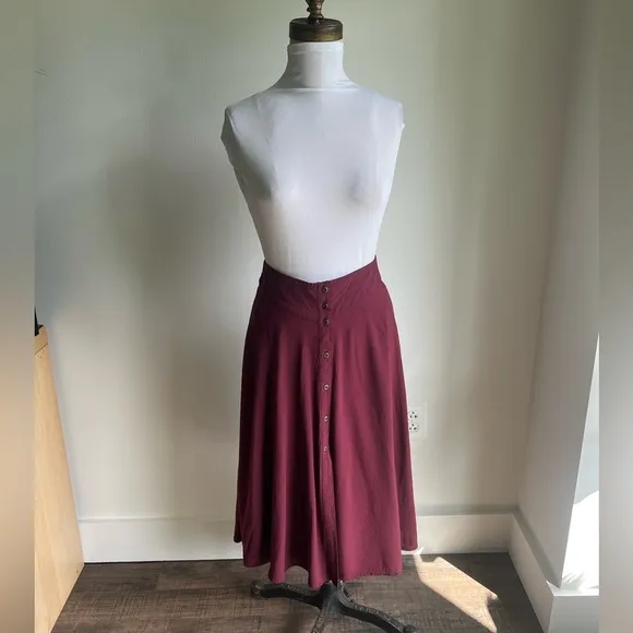 URBAN OUTFITTERS ECOTE BASQUE WAIST BUTTON DOWN MIDI SKIRT BURGUNDY SMALL