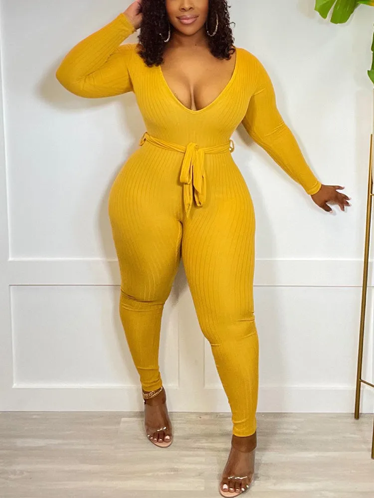 V Neck Belted Ribbed Jumpsuit