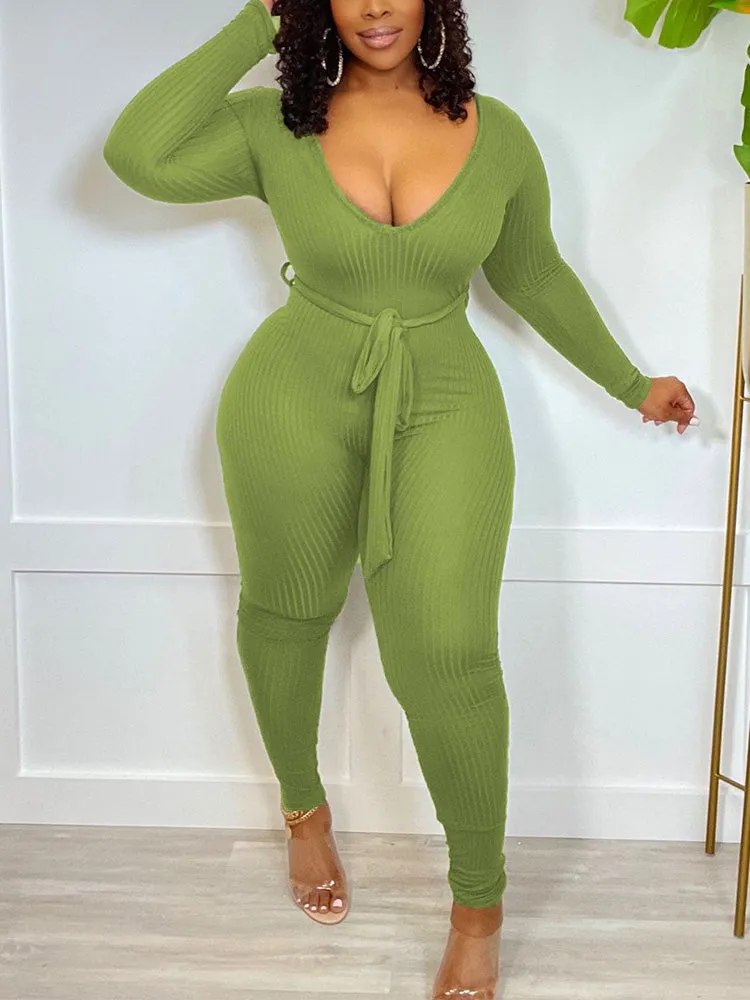 V Neck Belted Ribbed Jumpsuit