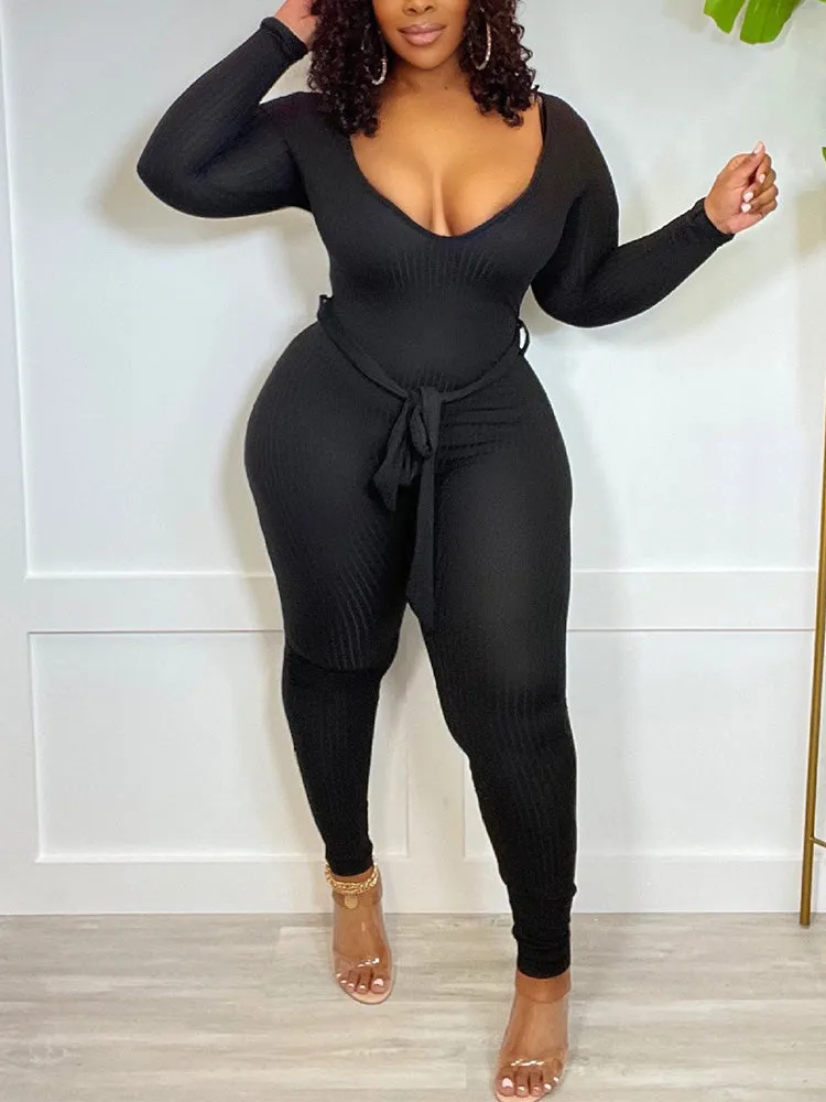 V Neck Belted Ribbed Jumpsuit