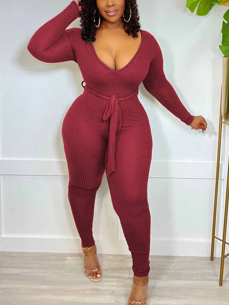 V Neck Belted Ribbed Jumpsuit