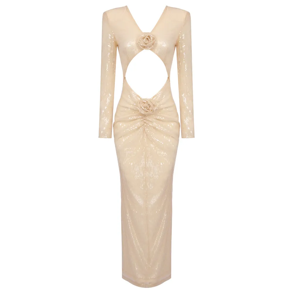 V Neck Long Sleeve Flower Midi Dress BD2500
