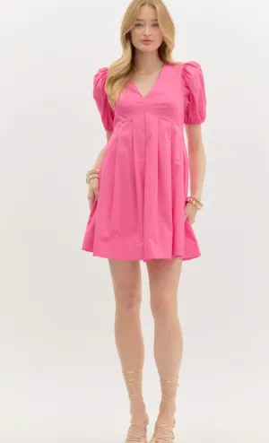 V Neck Pleated Waist Dress- Pink