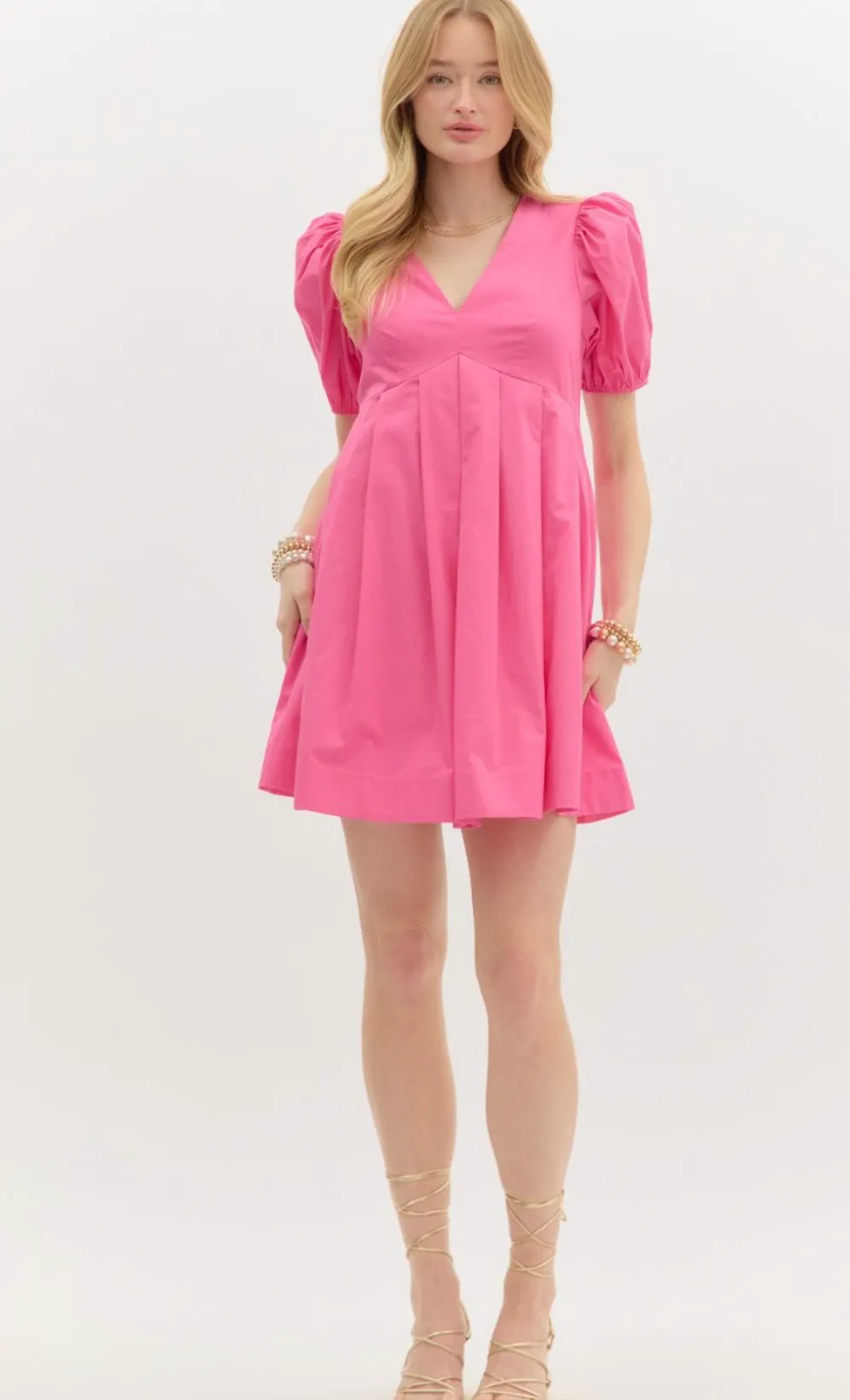 V Neck Pleated Waist Dress- Pink