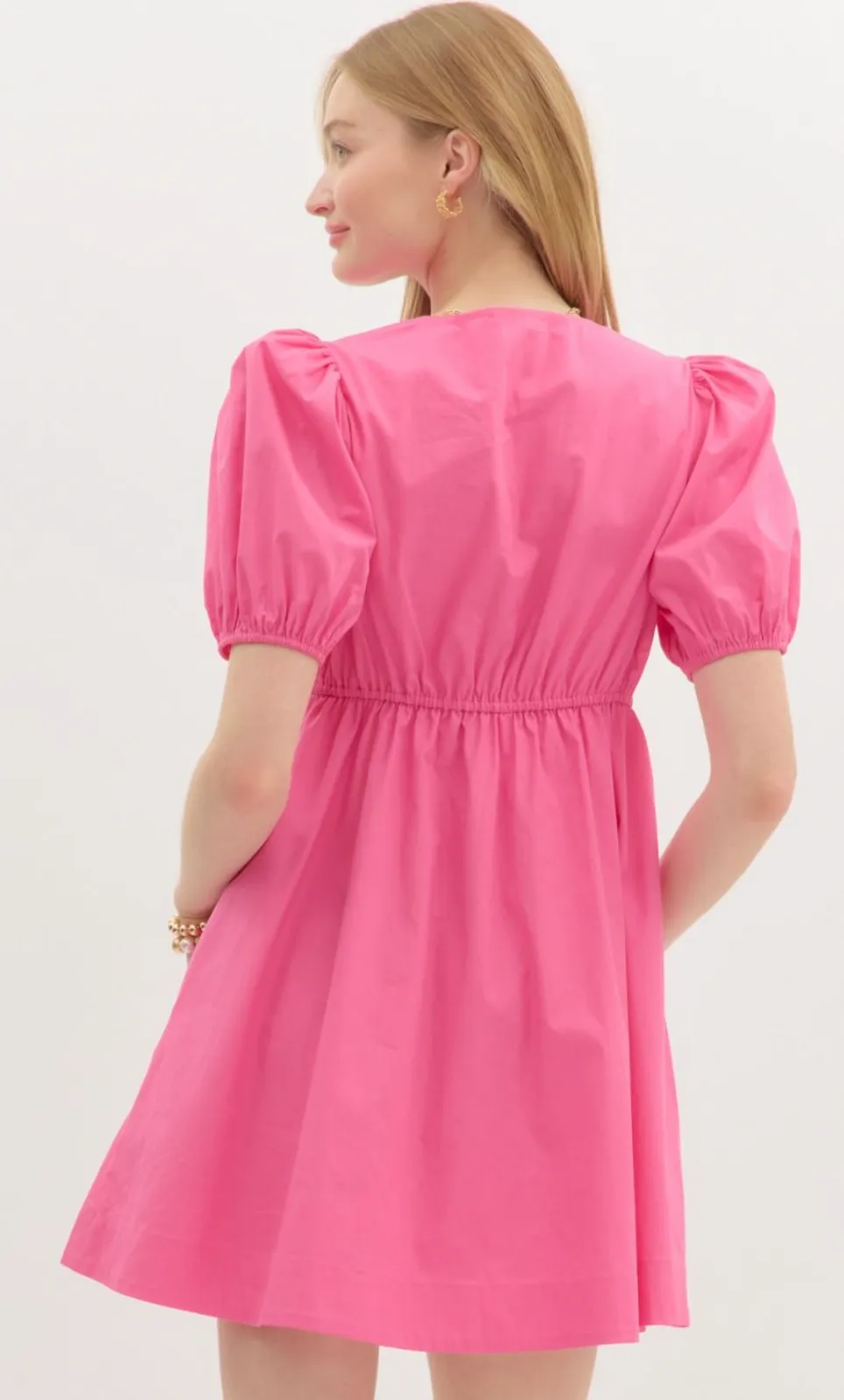 V Neck Pleated Waist Dress- Pink