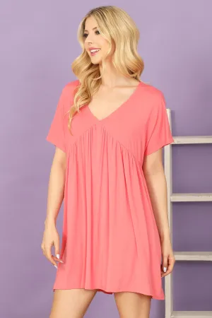 V-Neck Short Sleeve Pleated Detail Solid Mini Dress