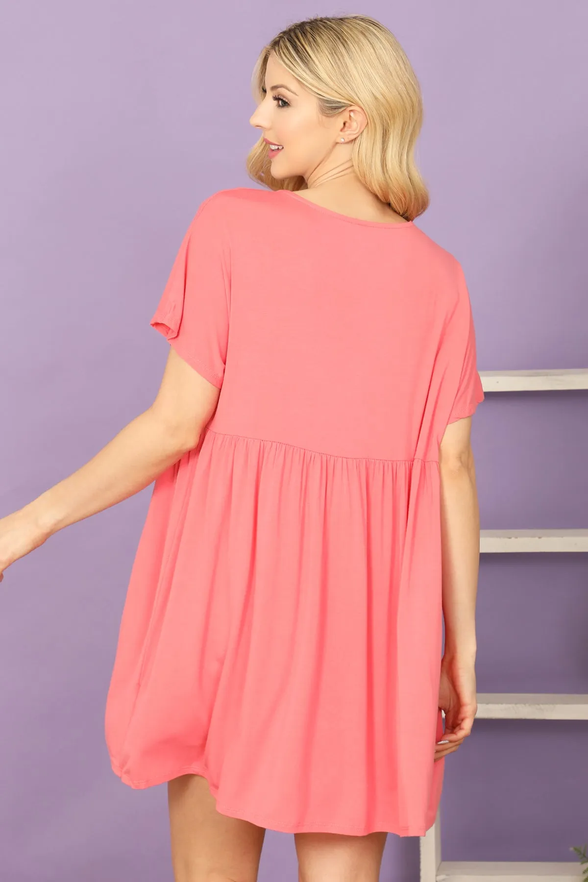 V-Neck Short Sleeve Pleated Detail Solid Mini Dress