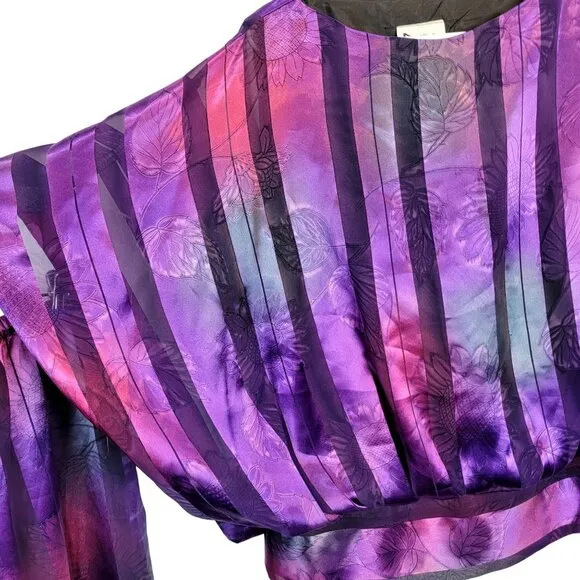 Vintage 80s Set Women 12 Colorful Floral Stripe Midi Skirt Blouse Top Shirt Pink
