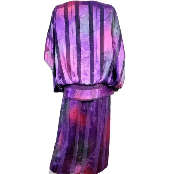 Vintage 80s Set Women 12 Colorful Floral Stripe Midi Skirt Blouse Top Shirt Pink