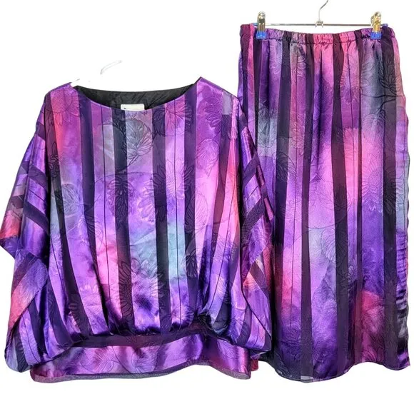 Vintage 80s Set Women 12 Colorful Floral Stripe Midi Skirt Blouse Top Shirt Pink