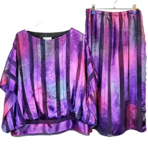Vintage 80s Set Women 12 Colorful Floral Stripe Midi Skirt Blouse Top Shirt Pink