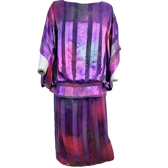 Vintage 80s Set Women 12 Colorful Floral Stripe Midi Skirt Blouse Top Shirt Pink