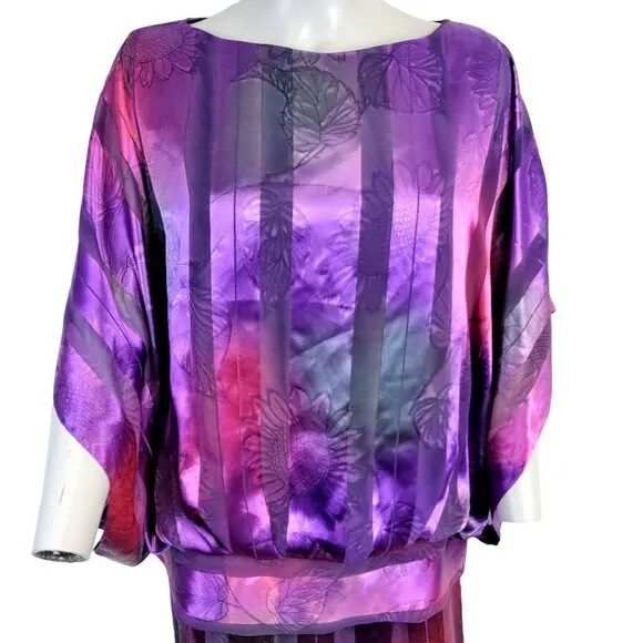 Vintage 80s Set Women 12 Colorful Floral Stripe Midi Skirt Blouse Top Shirt Pink