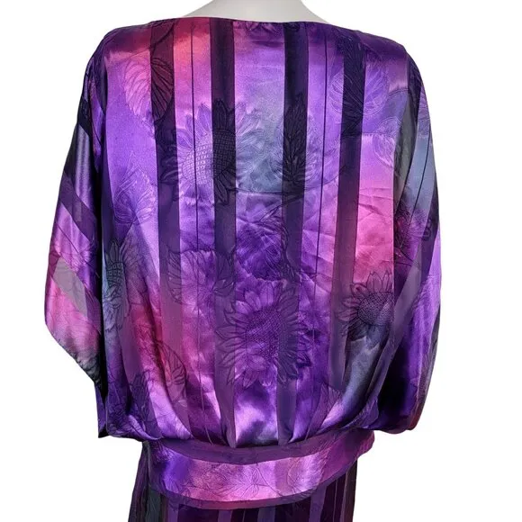 Vintage 80s Set Women 12 Colorful Floral Stripe Midi Skirt Blouse Top Shirt Pink