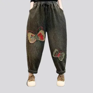 Vintage butterfly decor women's denim joggers