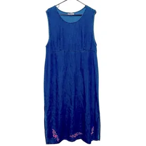 Vintage Denim Dress Womens Large Long Embroidered Sleeveless Floral Midi Maxi