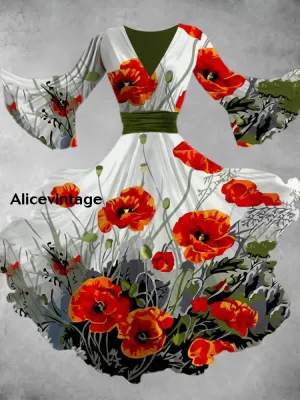 Vintage Floral Art Print V Neck Elegant Chic Flowy Midi Dress