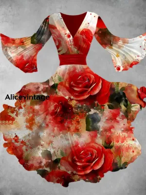 Vintage Floral Art Print V Neck Elegant Chic Flowy Midi Dress