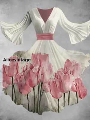Vintage Floral Art Print V Neck Elegant Chic Flowy Midi Dress