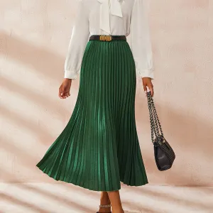 Vintage High Waist Pleated Maxi Skirt in Solid Color with Stretch Waist Band and Tapered Pleats - Cotton/Polyester
