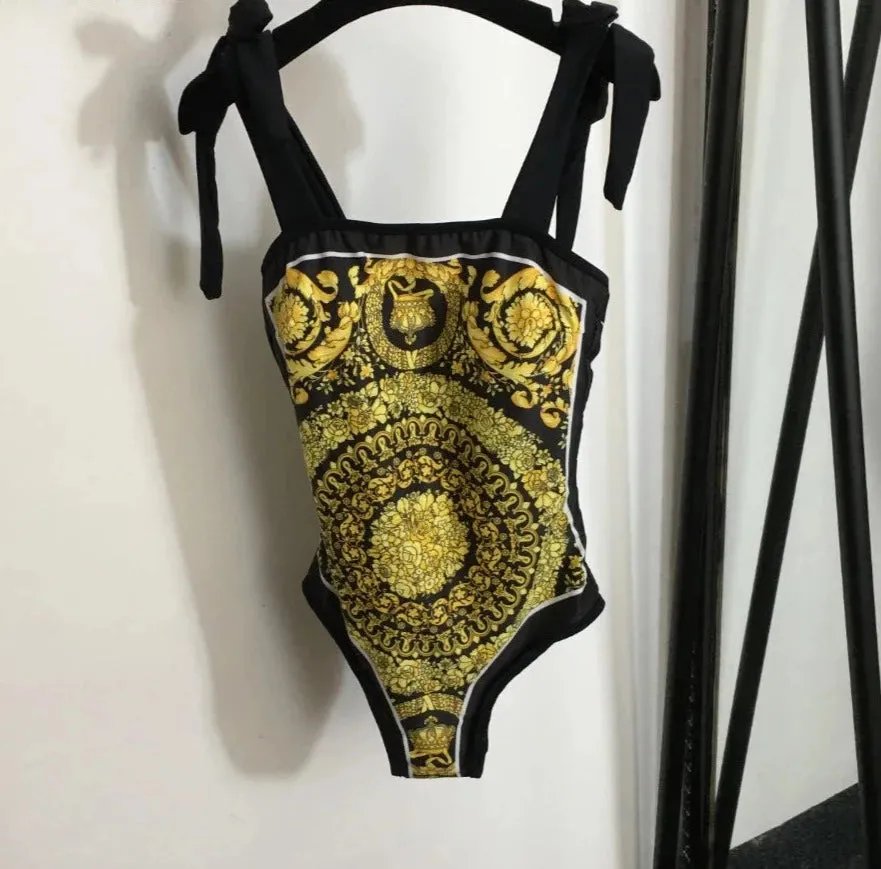 Vintage Print Spaghetti Strap Bodysuit Swimwear   Skirt