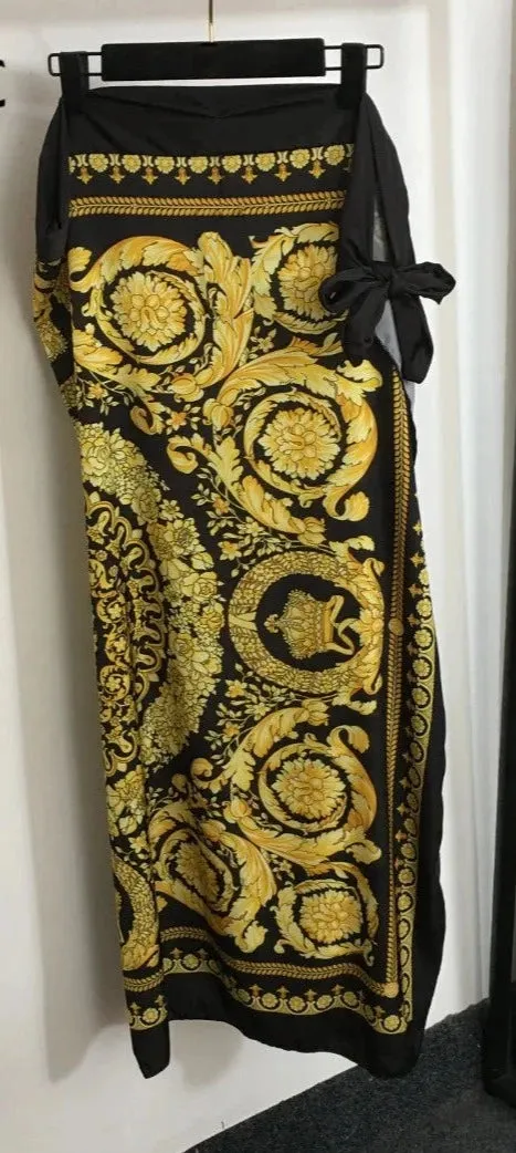 Vintage Print Spaghetti Strap Bodysuit Swimwear   Skirt