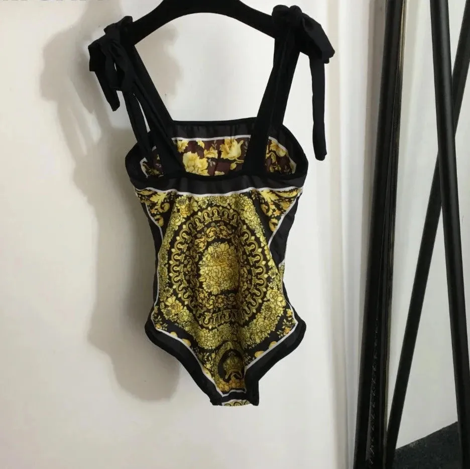 Vintage Print Spaghetti Strap Bodysuit Swimwear   Skirt