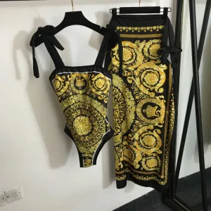 Vintage Print Spaghetti Strap Bodysuit Swimwear   Skirt