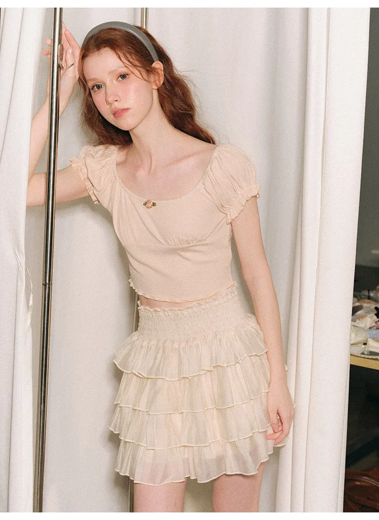 Vintage Rose Puff Sleeve Crop Top