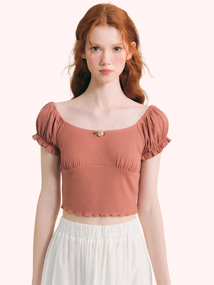 Vintage Rose Puff Sleeve Crop Top
