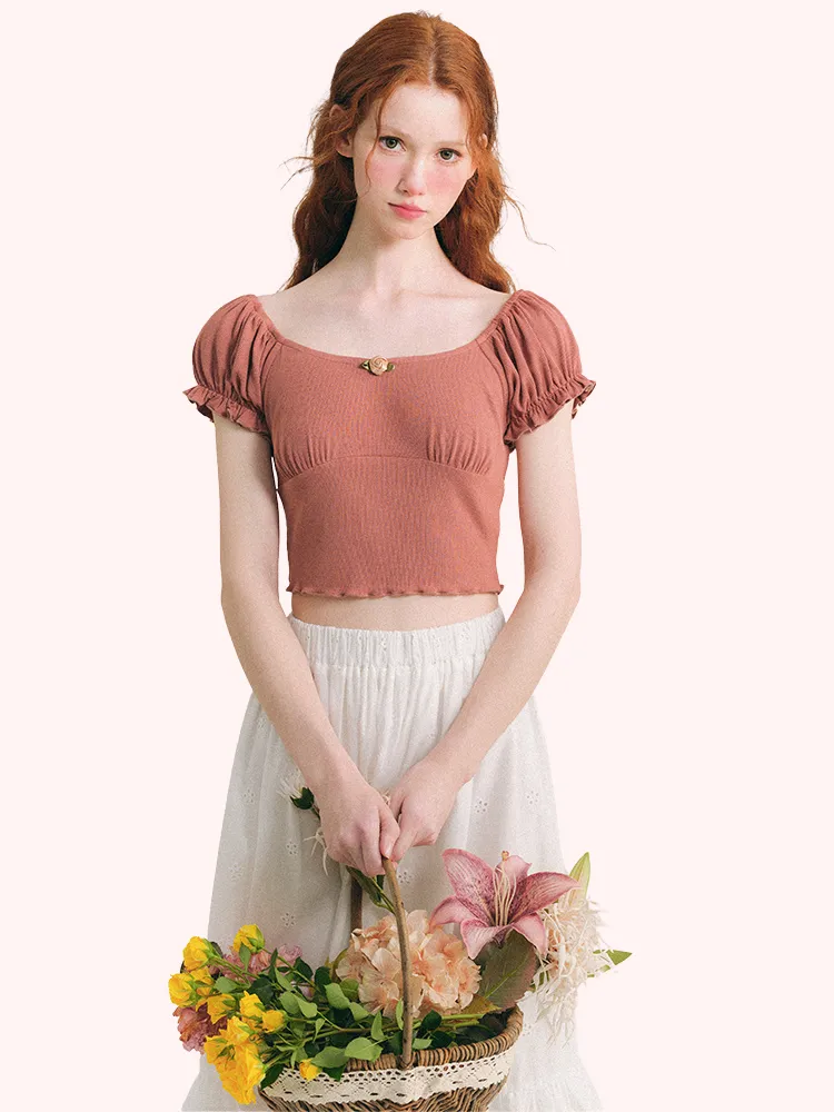 Vintage Rose Puff Sleeve Crop Top