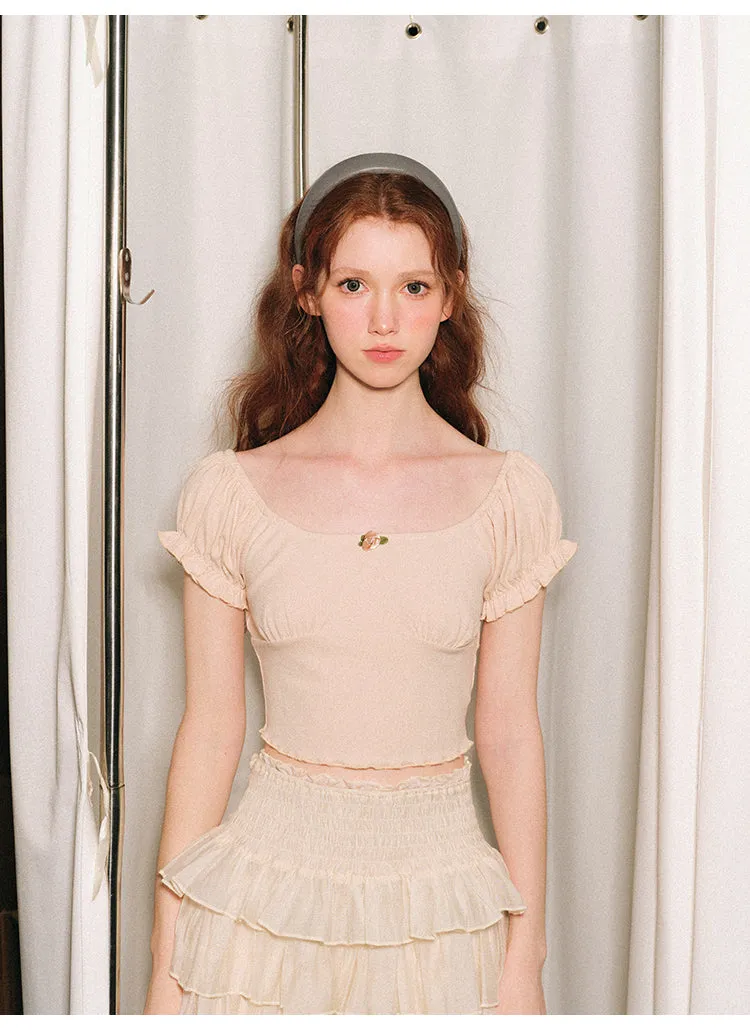 Vintage Rose Puff Sleeve Crop Top