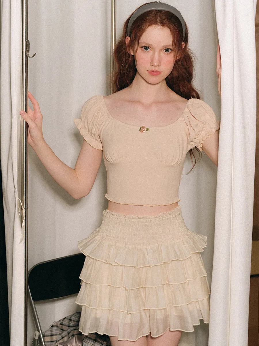 Vintage Rose Puff Sleeve Crop Top