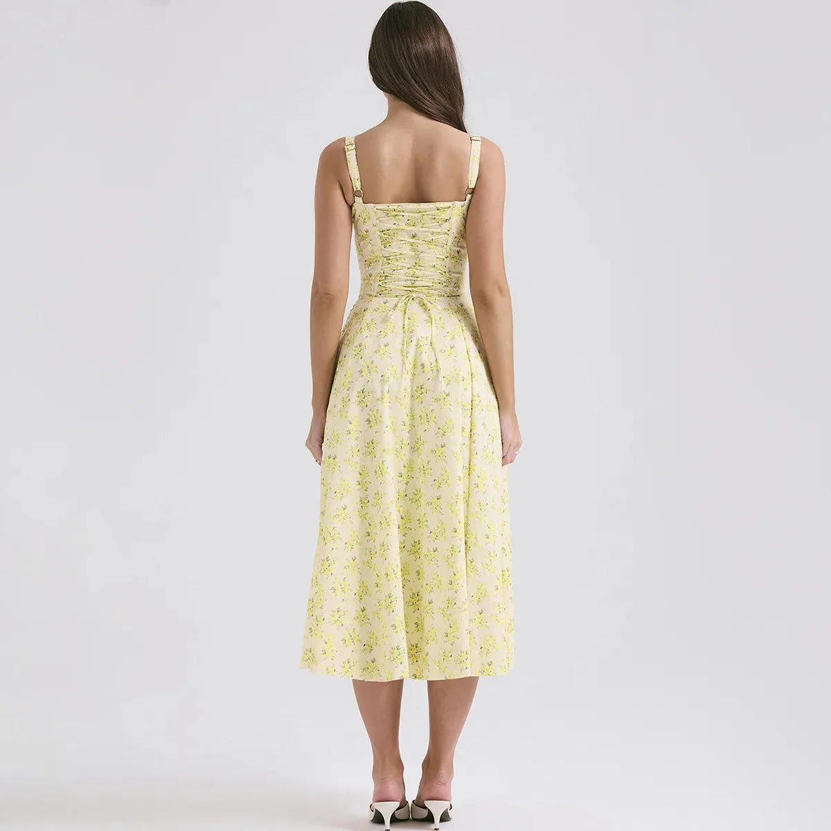 Vintage Spaghetti Strap - Elegant Midi Yellow Floral Print Dress