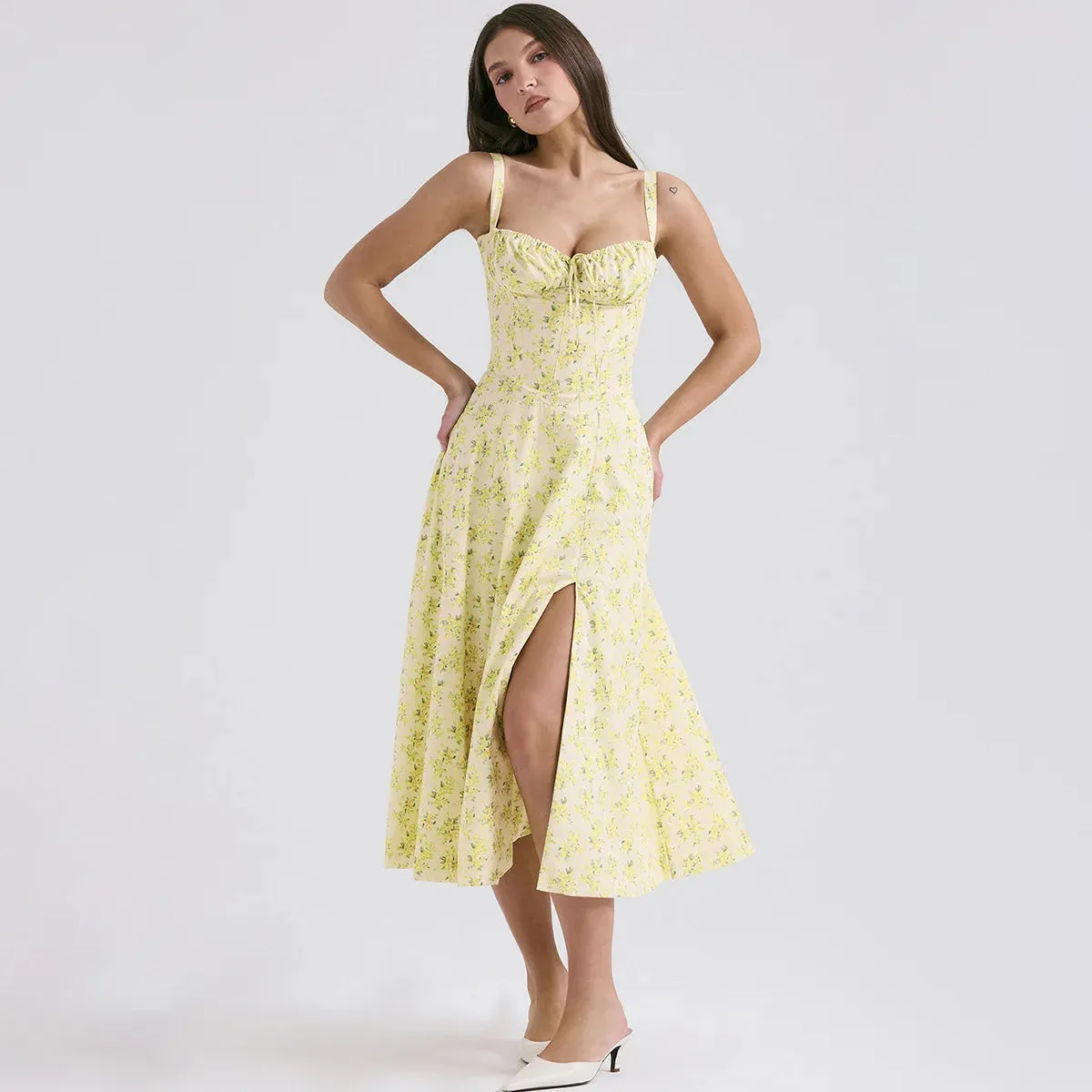 Vintage Spaghetti Strap - Elegant Midi Yellow Floral Print Dress
