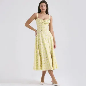 Vintage Spaghetti Strap - Elegant Midi Yellow Floral Print Dress