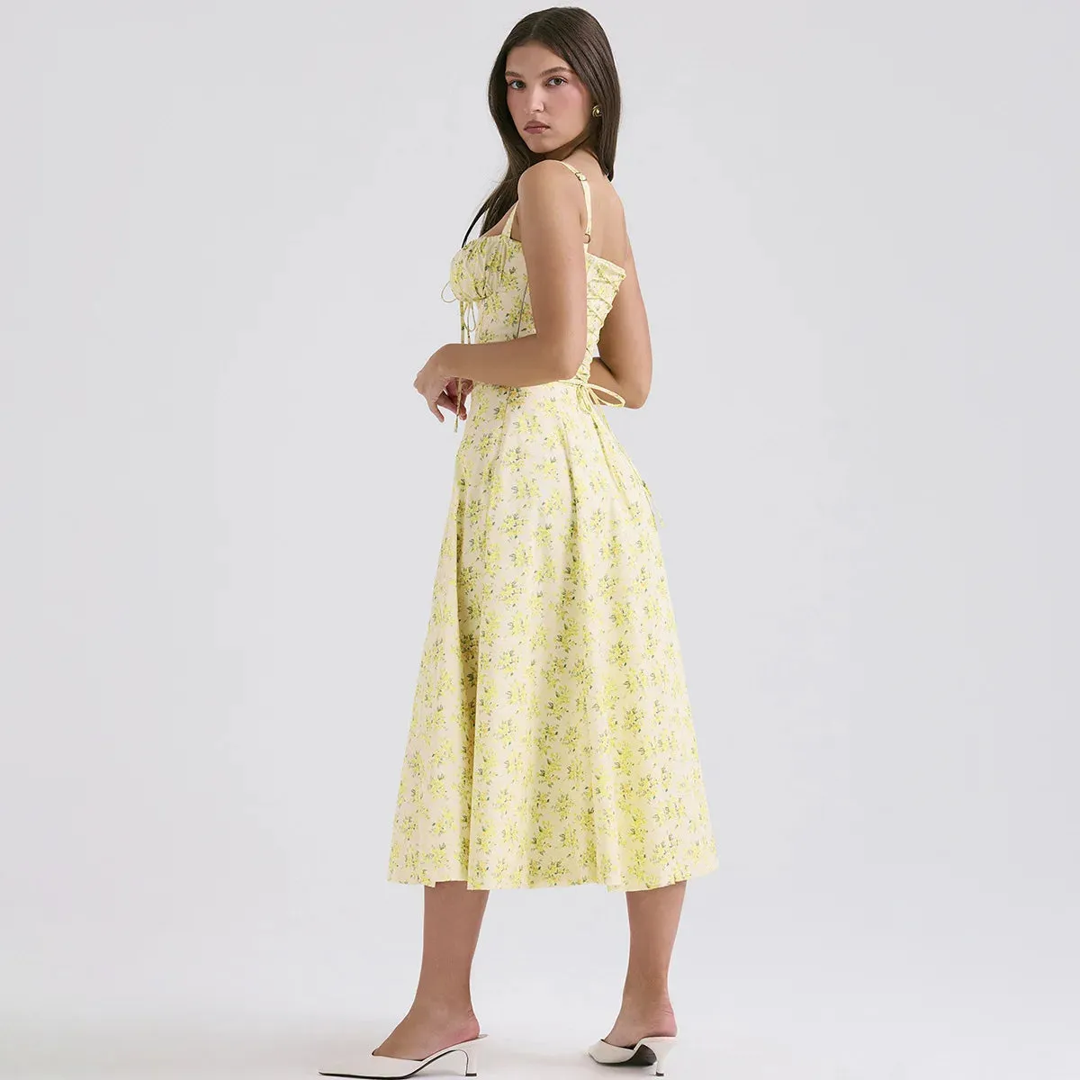 Vintage Spaghetti Strap - Elegant Midi Yellow Floral Print Dress