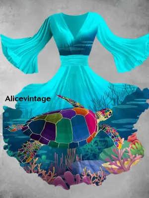Vintage Turtle Art Print V Neck Elegant Chic Flowy Midi Dress