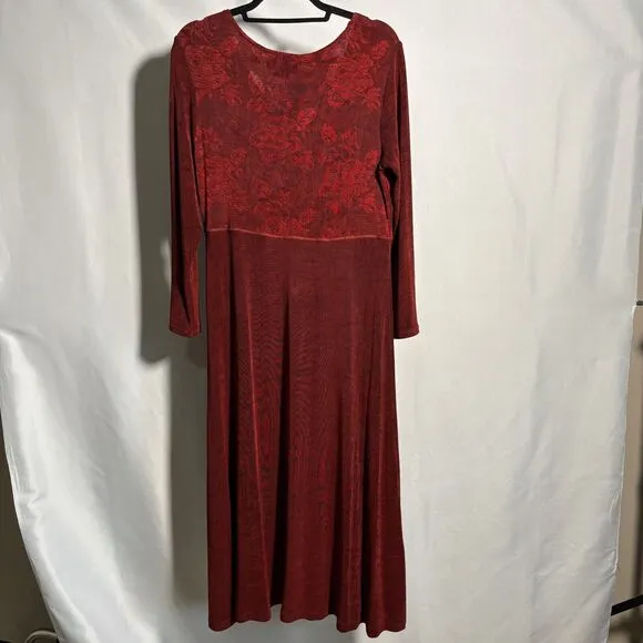 VTG Carole Little Red Maxi Dress Roses Romantic Slinky Sz 12 USA Made 90s Phoebe
