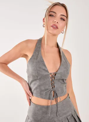 Washed PU Tie Detail Corset Top