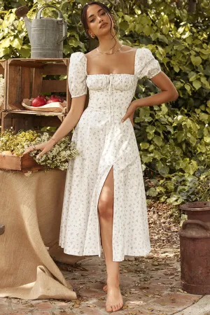 White Square Neck Midi Dress With Front Slit