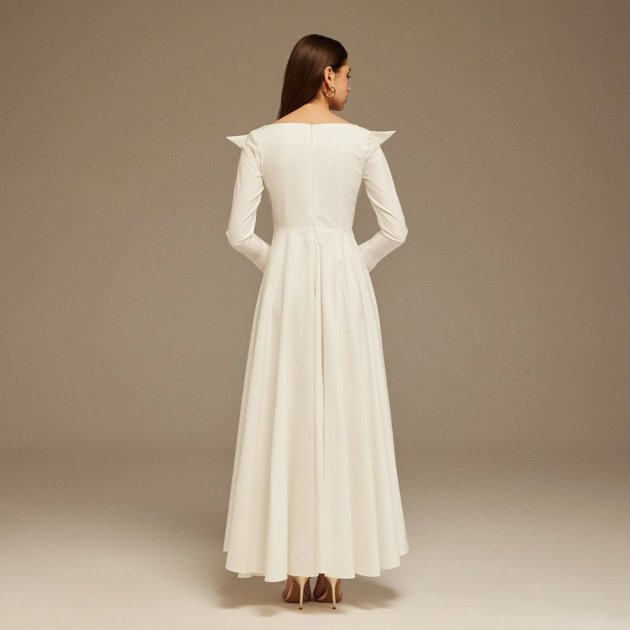 White Wide Neck Long Sleeve Midi Dress
