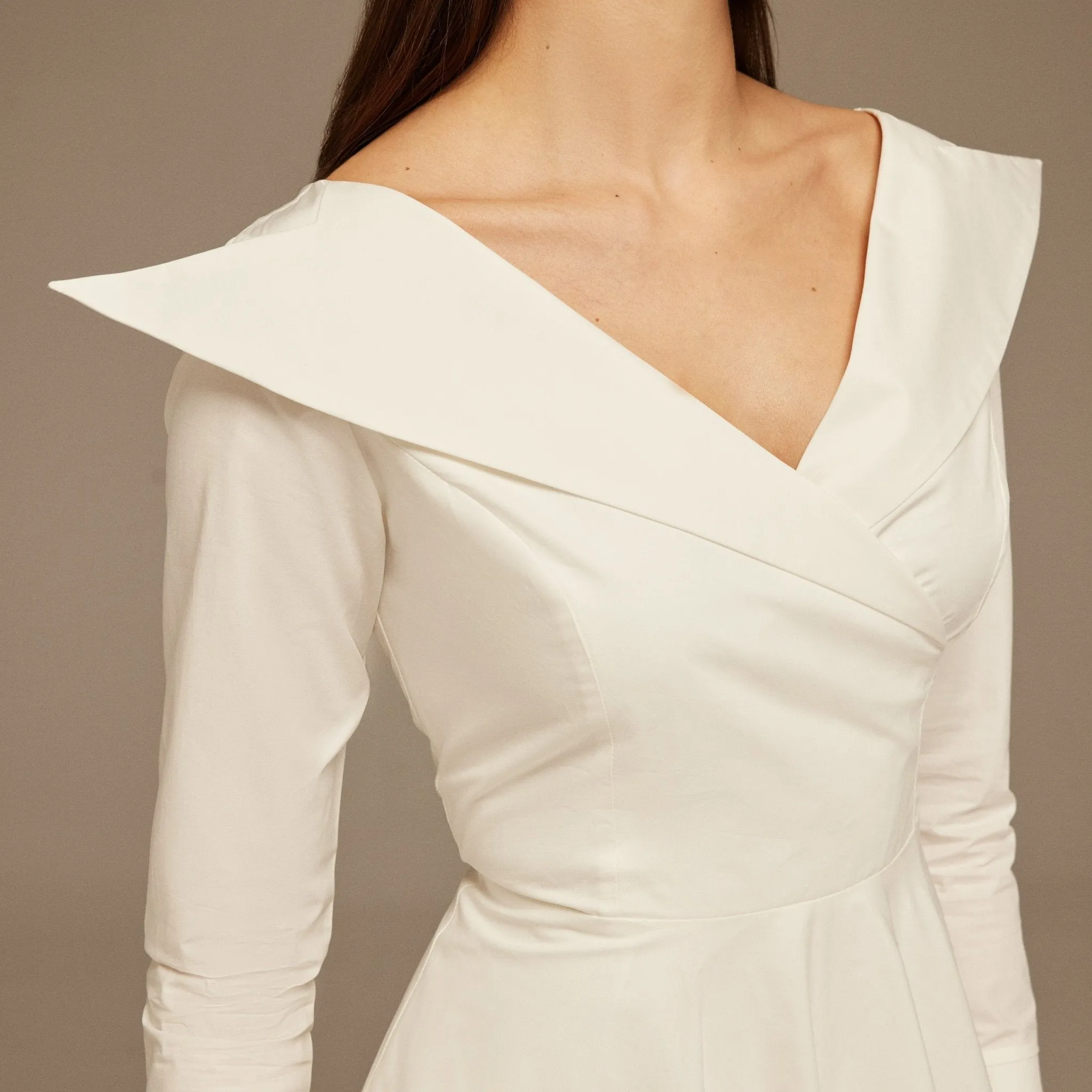 White Wide Neck Long Sleeve Midi Dress