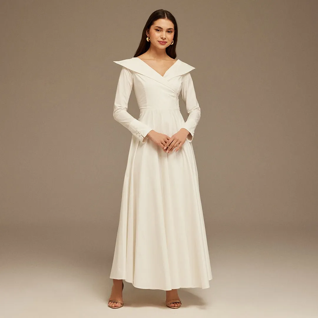 White Wide Neck Long Sleeve Midi Dress