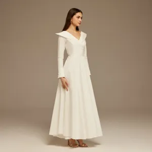 White Wide Neck Long Sleeve Midi Dress