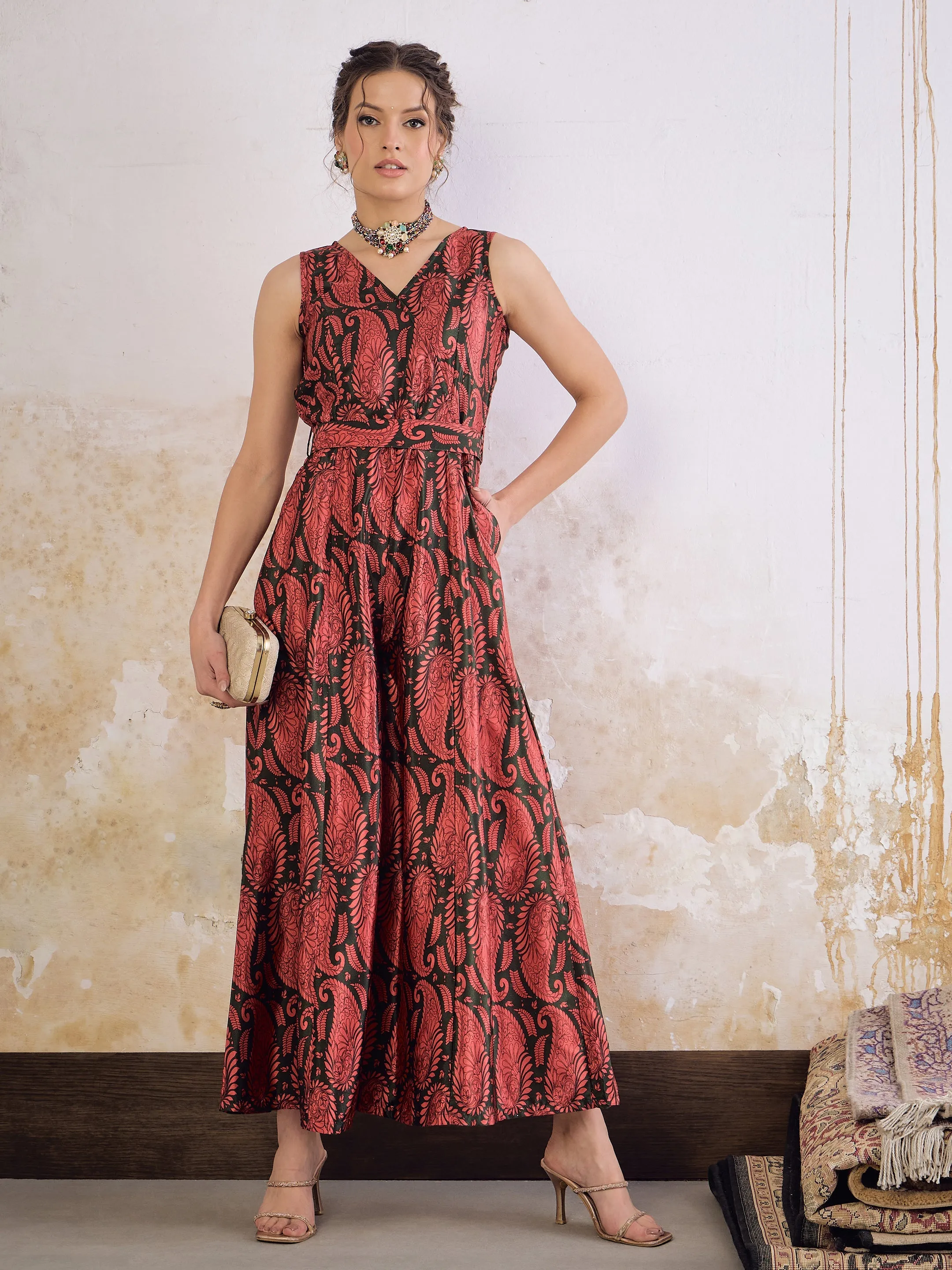 Women Emerald & Pink Floral Sleeveless Wrap Jumpsuits
