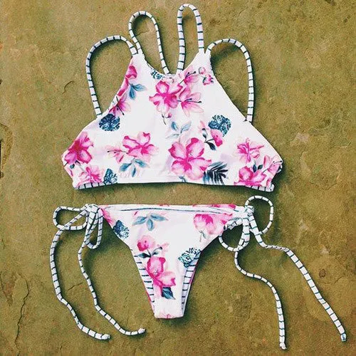Women Print Floral Bikini Set Halter crop top hang High neck Bikinis set push up Swimwear Women Swimsuit beach bathing suit