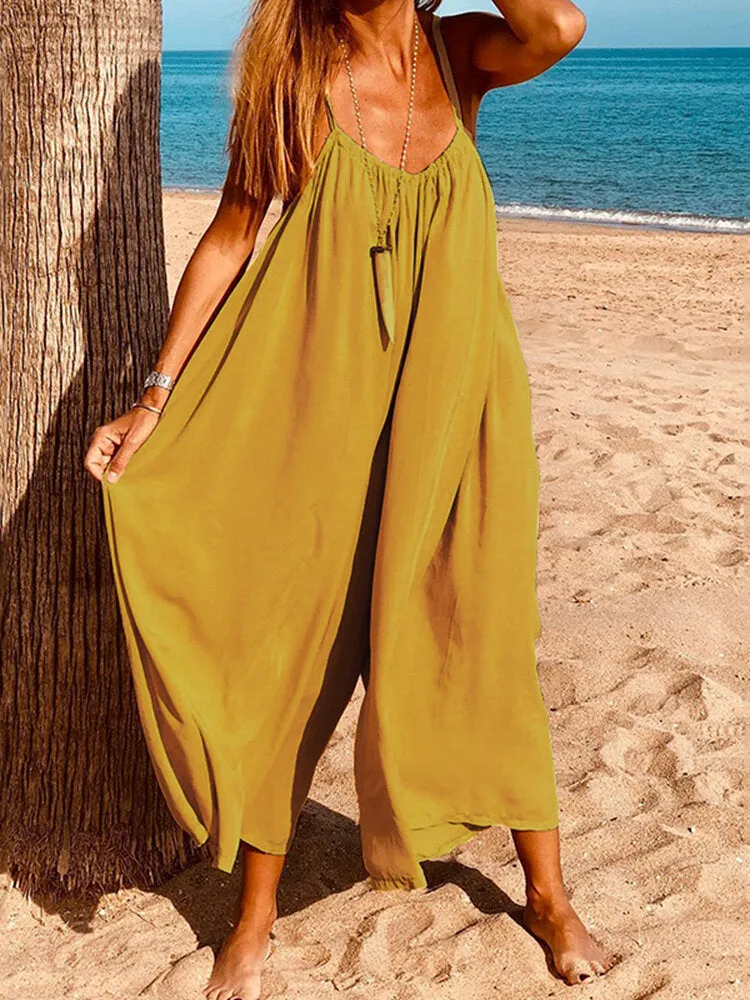 Women Sleeveless Straps Loose Solid Wide Leg Jumpsuits