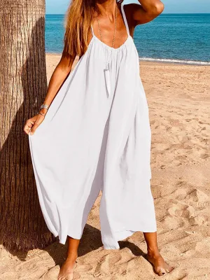 Women Sleeveless Straps Loose Solid Wide Leg Jumpsuits
