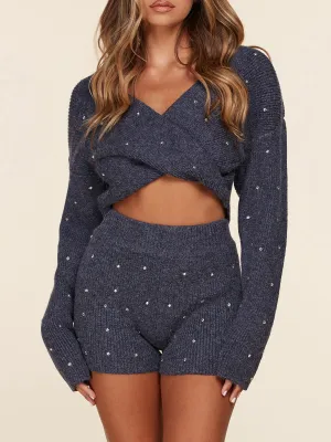 WOMEN'S 2PC. LONG SLEEVE FRONT TWIST TOP & SHORTS STUDS DETAILED SET